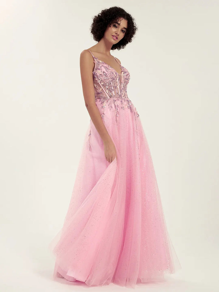 Pink Floral Beaded Tulle Gown with Deep V-Neck & Strappy