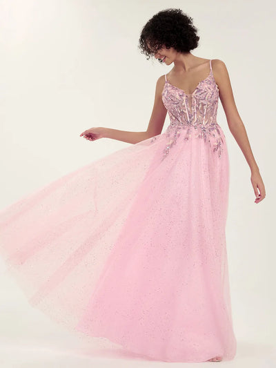 Carlyna Carlyna Carlyna Carlyna Embellished Tulle Gown with Beaded Floral Deep V-Neck & Strappy Open Back