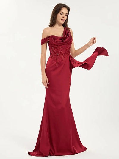 Carlyna Embroidered One Shoulder Sweep Train Satin Mermaid Maxi Dress