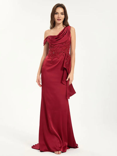 Carlyna Carlyna Embroidered One Shoulder Sweep Train Satin Mermaid Maxi Dress