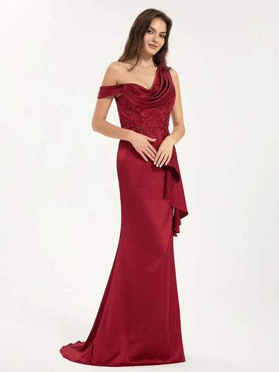 Carlyna Carlyna Carlyna Embroidered One Shoulder Sweep Train Satin Mermaid Maxi Dress