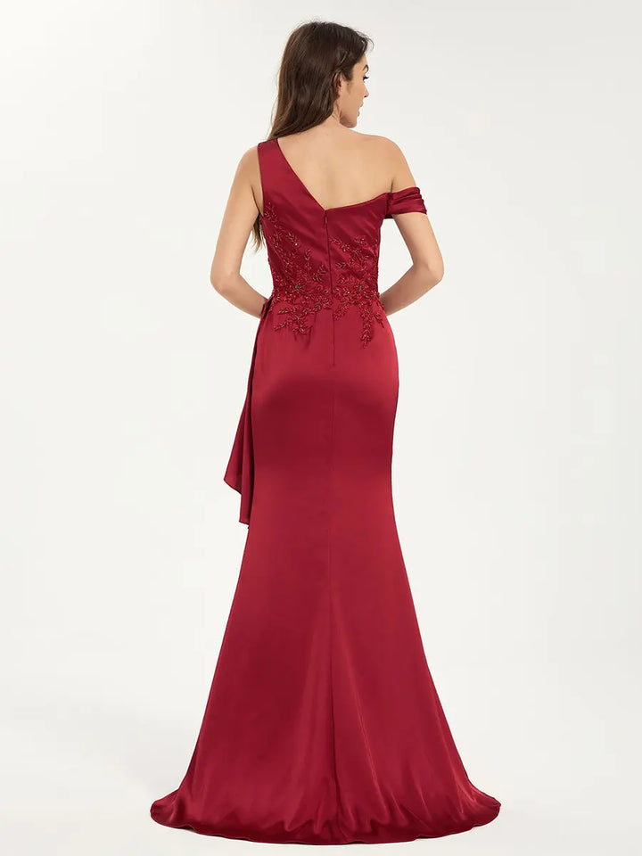 red mermaid maxi dress Embroidered One Shoulder Sweep Train Satin Mermaid Maxi Dress