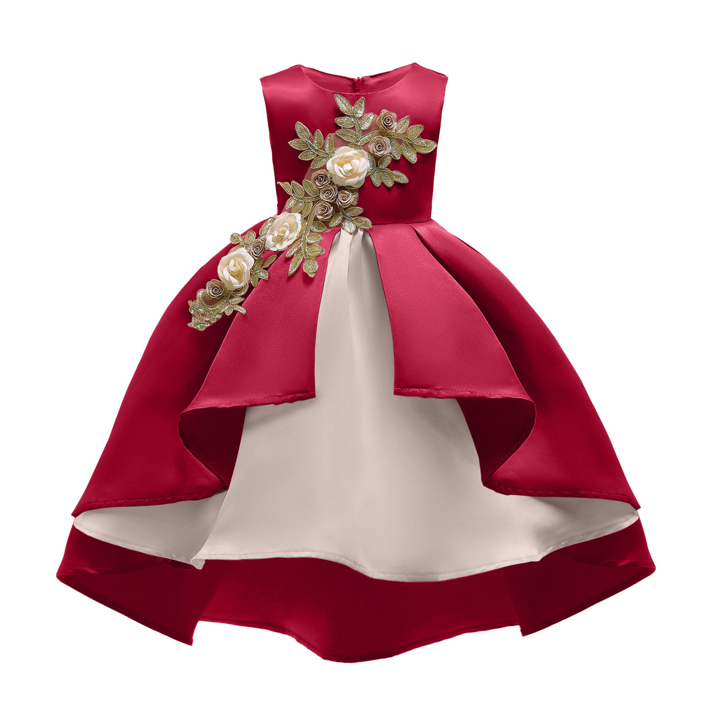 Red Embroidered High Low Satin Dress for Girls – Special Occasion Flower Girl Outfit