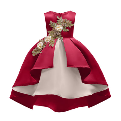 Red Embroidered High Low Satin Dress for Girls – Special Occasion Flower Girl Outfit
