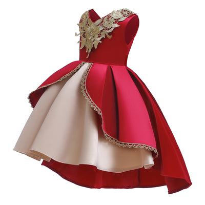 Red Embroidered High Low Satin Dress for Girls – Special Occasion Flower Girl Outfit