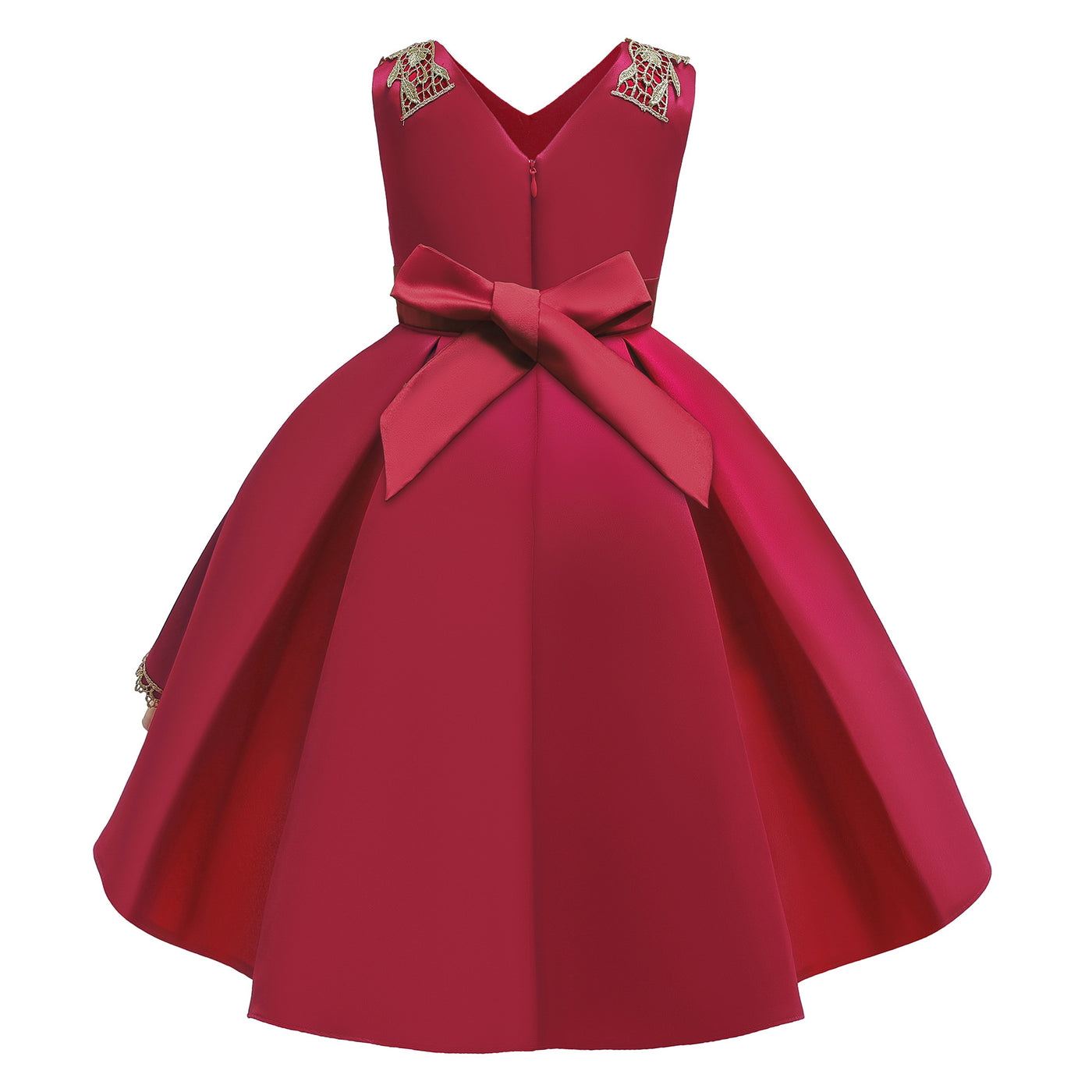 Red Embroidered High Low Satin Dress for Girls – Special Occasion Flower Girl Outfit