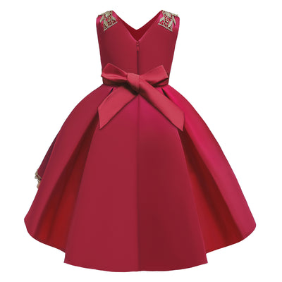 Red Embroidered High Low Satin Dress for Girls – Special Occasion Flower Girl Outfit