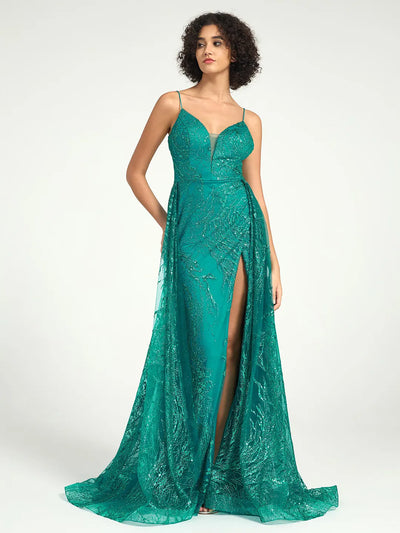 Carlyna Sequin Tulle Mermaid V-Neck Dress with Strappy Back & Sweep Train