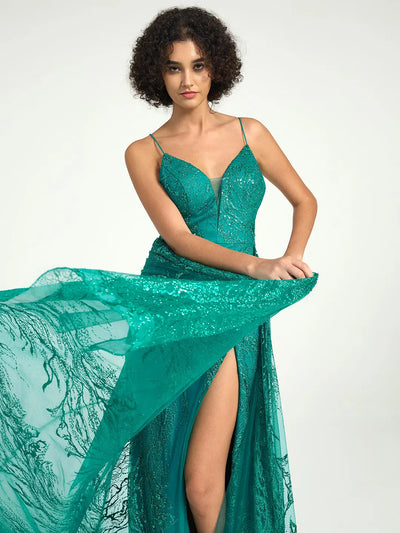 Carlyna Carlyna Carlyna Carlyna Carlyna Carlyna Carlyna Sequin Tulle Mermaid V-Neck Dress with Strappy Back & Sweep Train