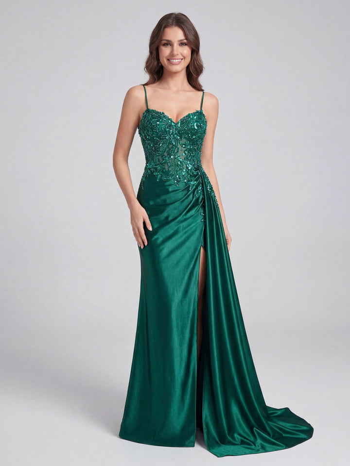 lace emerald green prom dress Sweetheart Beaded Sequin Applique High Slit Long For Material CORSET Size:EU 32 cf_s_15-5--m
