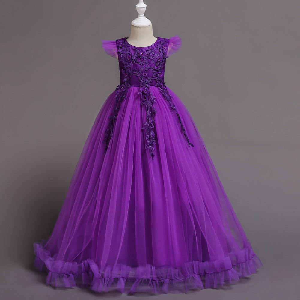 A-Line Floor Length Tulle Flower Girl Dress with Lace Appliques and Floral Embellishments