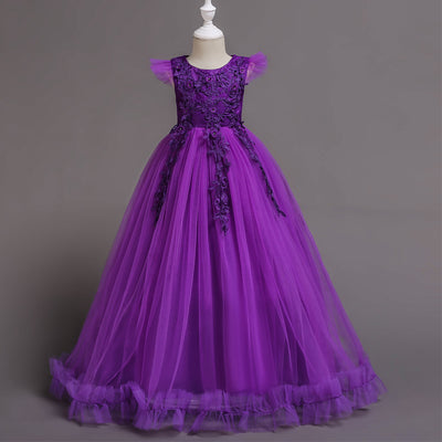 A-Line Floor Length Tulle Flower Girl Dress with Lace Appliques and Floral Embellishments