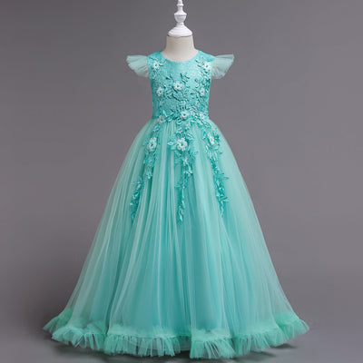 A-Line Floor Length Tulle Flower Girl Dress with Lace Appliques and Floral Embellishments