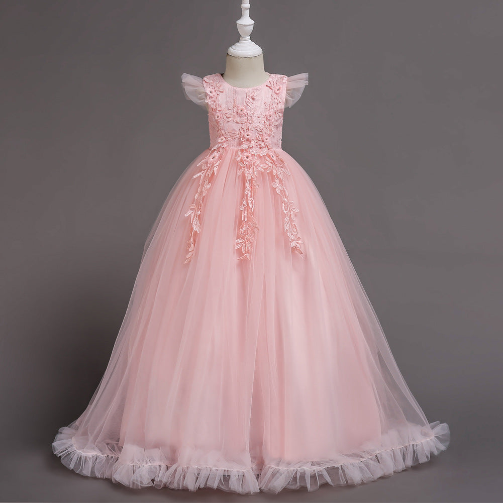 A-Line Floor Length Tulle Flower Girl Dress with Lace Appliques and Floral Embellishments