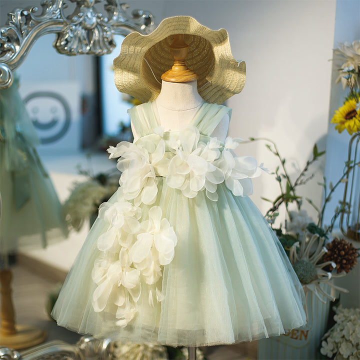Floral Applique Puffy Tulle Flower Girl Dress - Main Image