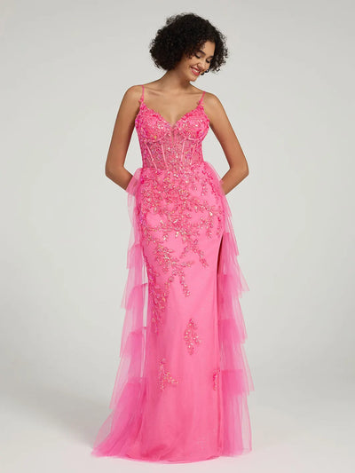 Carlyna Carlyna Floral Embroidered Spaghetti Strap Mermaid Formal Dress with High Slit