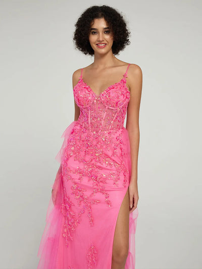 Carlyna Carlyna Carlyna Carlyna Floral Embroidered Spaghetti Strap Mermaid Formal Dress with High Slit