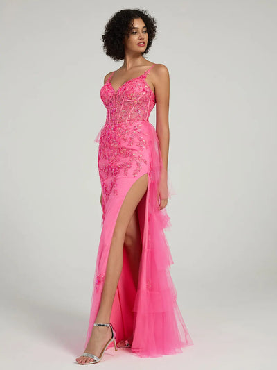 Carlyna Carlyna Carlyna Carlyna Carlyna Floral Embroidered Spaghetti Strap Mermaid Formal Dress with High Slit