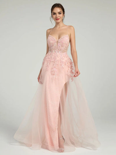 Carlyna Floral Lace A-Line Sequin Maxi Dress with Plunge Neck