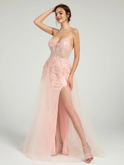 Carlyna Carlyna Floral Lace A-Line Sequin Maxi Dress with Plunge Neck