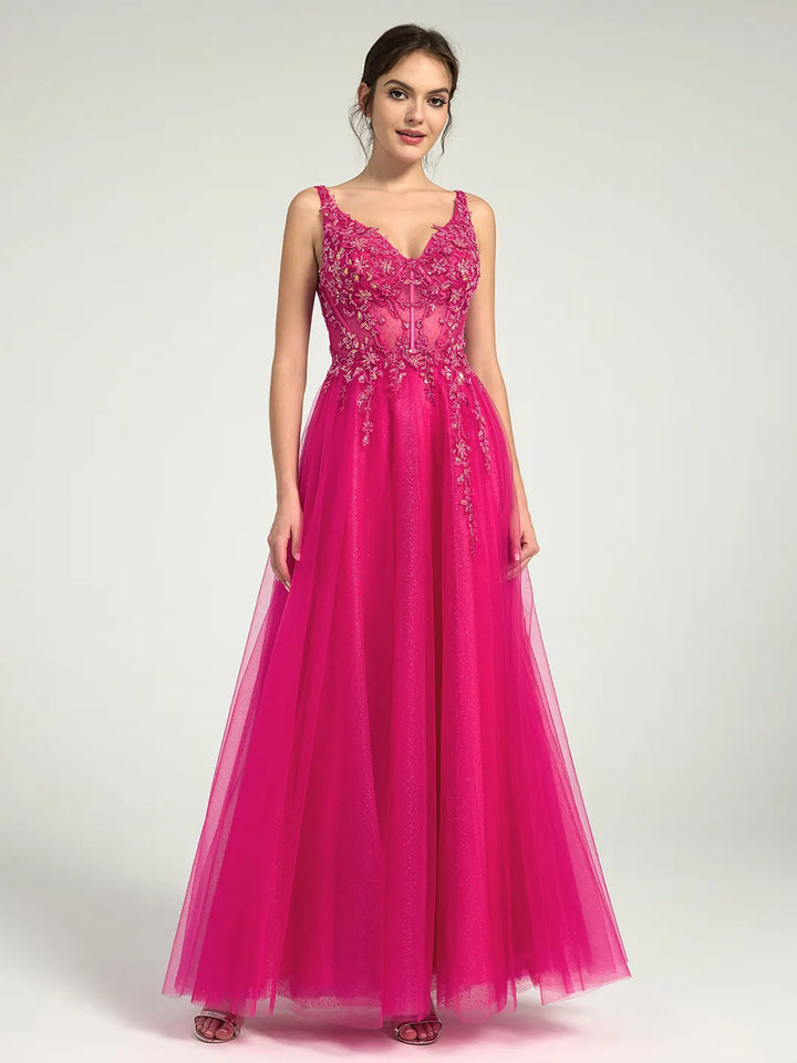 A-Line Lace & Tulle Maxi Dress with Sequin and Beaded Accents A-Line Lace & Tulle Maxi Dress with Sequin and Beaded Accents