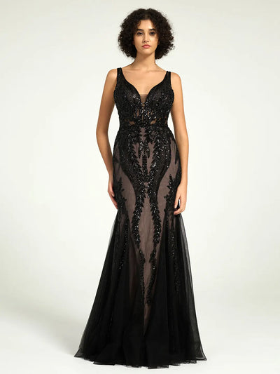 Carlyna Full-Length Mermaid Nude Illusion Black Lace Sequin Formal Gown