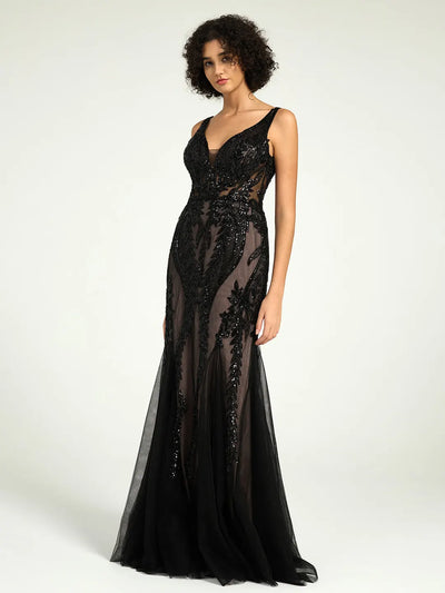 Carlyna Carlyna Full-Length Mermaid Nude Illusion Black Lace Sequin Formal Gown