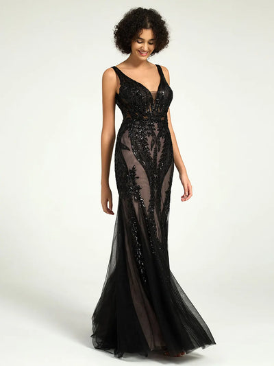 Carlyna Carlyna Carlyna Full-Length Mermaid Nude Illusion Black Lace Sequin Formal Gown