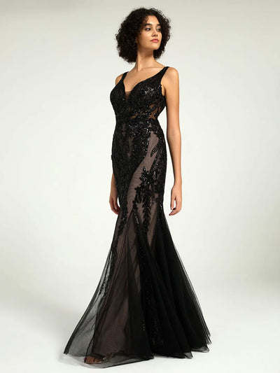 Carlyna Carlyna Carlyna Carlyna Full-Length Mermaid Nude Illusion Black Lace Sequin Formal Gown