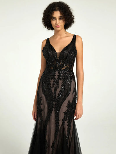 Carlyna Carlyna Carlyna Carlyna Carlyna Full-Length Mermaid Nude Illusion Black Lace Sequin Formal Gown
