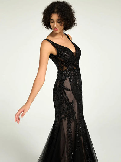Carlyna Carlyna Carlyna Carlyna Carlyna Carlyna Full-Length Mermaid Nude Illusion Black Lace Sequin Formal Gown