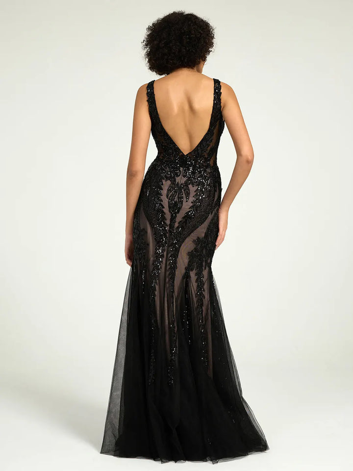 Black Masquerade Ball Dresses Full-Length Black Lace Mermaid Gown Nude Illusion, Deep V-Neck, Formal Black Masquerade Ball Dresses Full-Length Black Lace Mermaid Gown Nude Illusion, Deep V-Neck, Formal