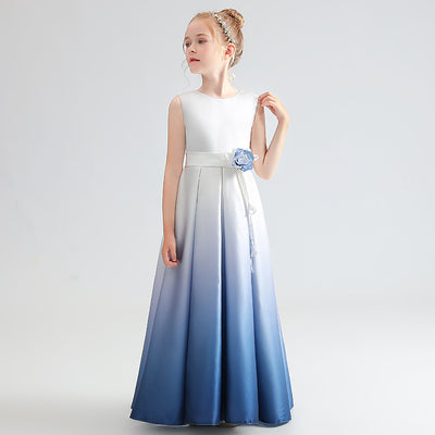 Cute Satin A-Line Maxi Dress for Girls with Flower Embellishments