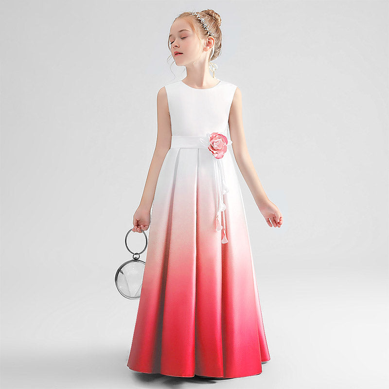 Cute Satin A-Line Maxi Dress for Girls with Flower Embellishments