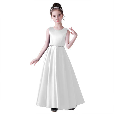 Girls' Satin Maxi Dress with Sequins & Ruffle | A-Line Flower Girl Gown