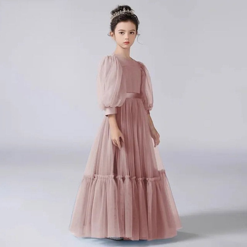Cute A-Line Tulle Maxi Dress for Girls with Ribbon Belt – Party & Flower Girl Gown