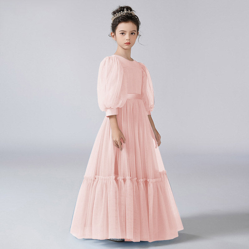 Cute A-Line Tulle Maxi Dress for Girls with Ribbon Belt – Party & Flower Girl Gown