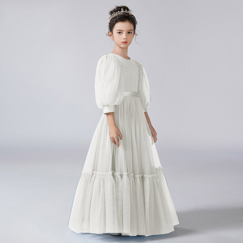 Cute A-Line Tulle Maxi Dress for Girls with Ribbon Belt – Party & Flower Girl Gown