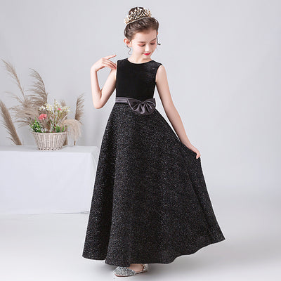 Cute Girls' Black Sequin Velvet A-Line Maxi Dress with Bow & Ruffles - Floor Length Formal & Party Gown