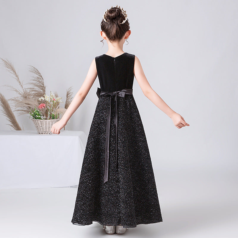 Cute Girls' Black Sequin Velvet A-Line Maxi Dress with Bow & Ruffles - Floor Length Formal & Party Gown