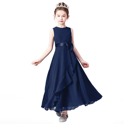 Girls' Chiffon A-Line Dress with Bowknot for Events and Performance – Ages 3-13
