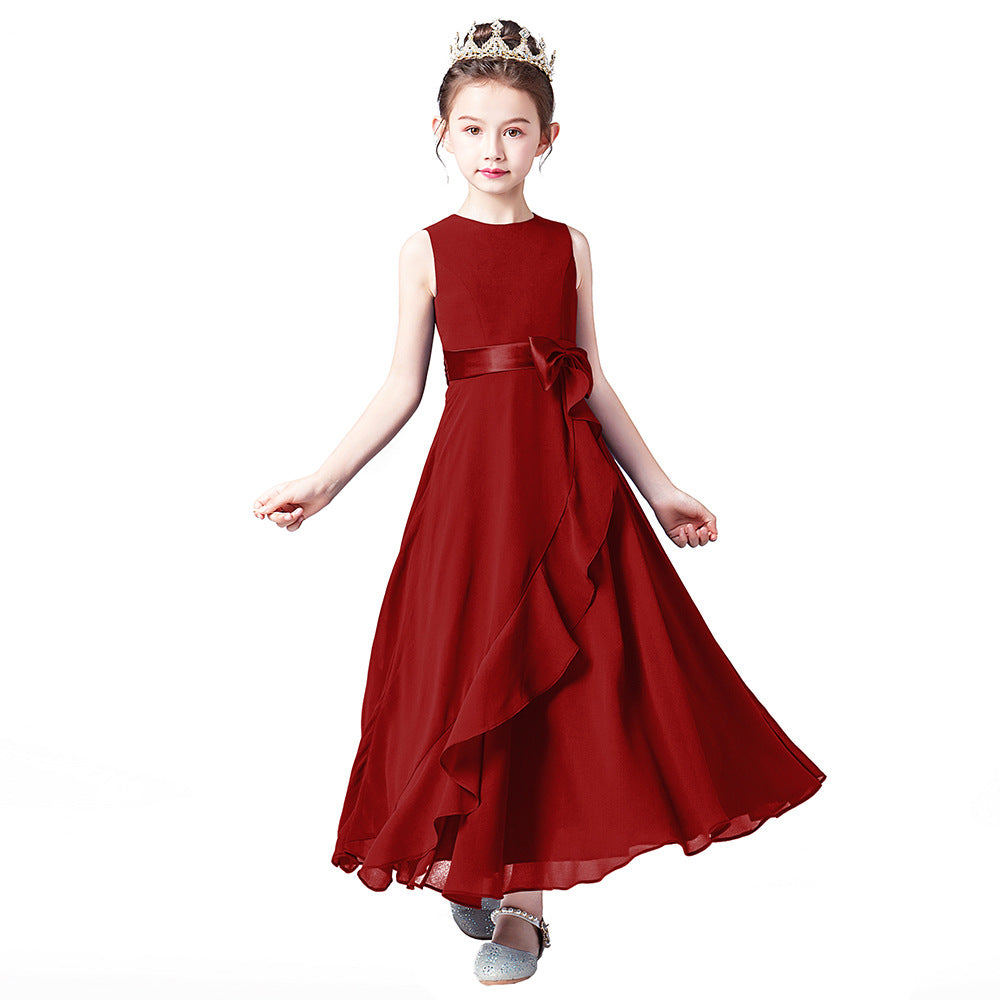 Girls' Chiffon A-Line Dress with Bowknot for Events and Performance – Ages 3-13