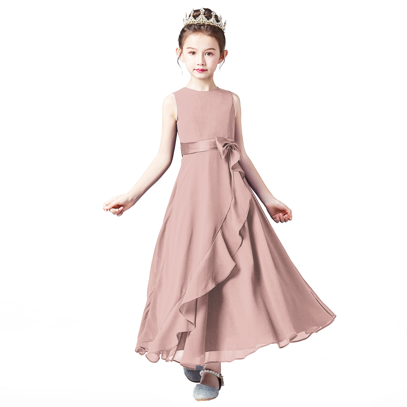 Girls' Chiffon A-Line Dress with Bowknot for Events and Performance – Ages 3-13