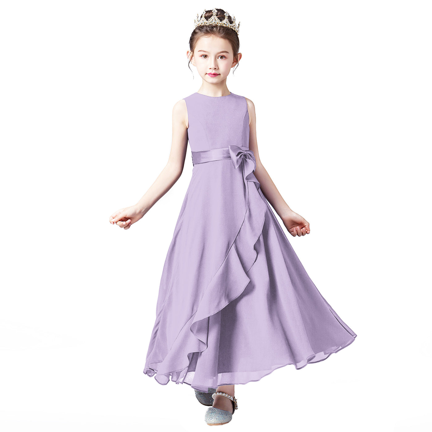 Girls' Chiffon A-Line Dress with Bowknot for Events and Performance – Ages 3-13