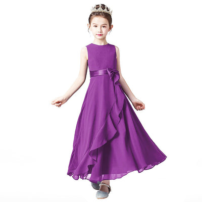 Girls' Chiffon A-Line Dress with Bowknot for Events and Performance – Ages 3-13
