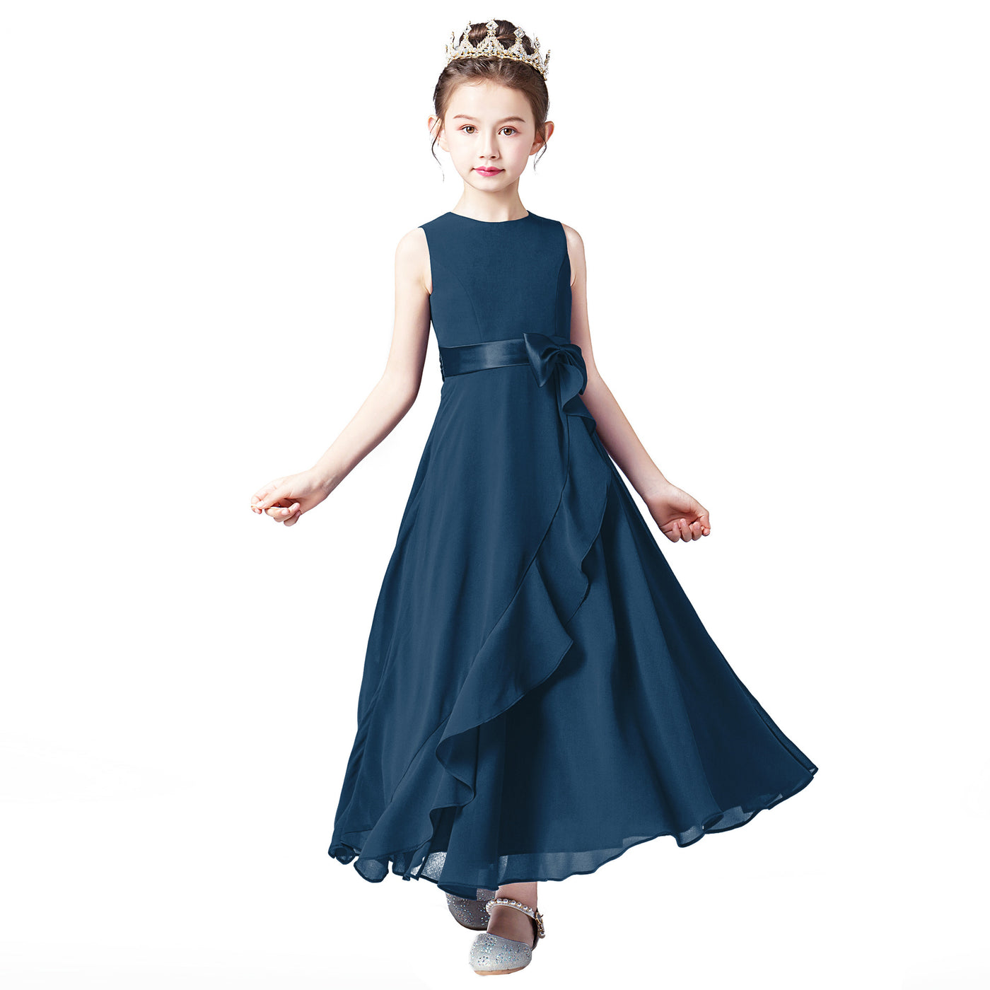 Girls' Chiffon A-Line Dress with Bowknot for Events and Performance – Ages 3-13