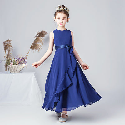 Girls' Chiffon A-Line Dress with Bowknot for Events and Performance – Ages 3-13