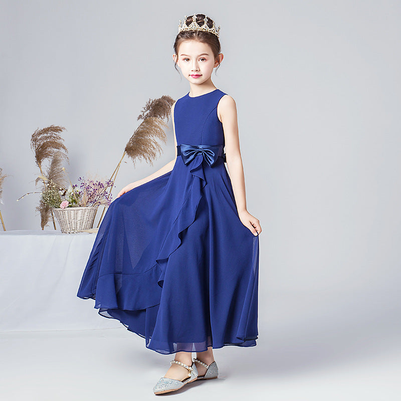 Girls' Chiffon A-Line Dress with Bowknot for Events and Performance – Ages 3-13