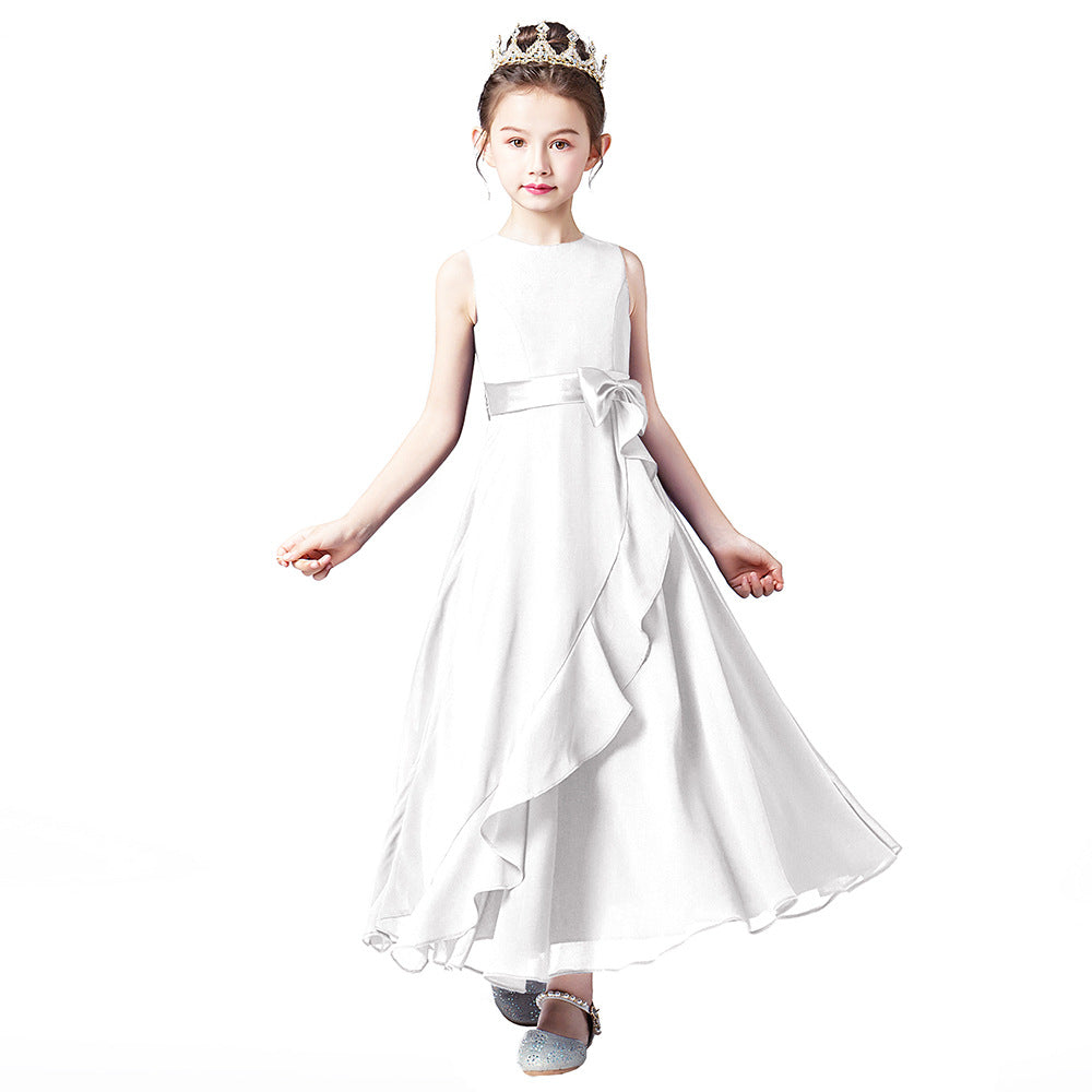 Girls' Chiffon A-Line Dress with Bowknot for Events and Performance – Ages 3-13