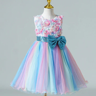 Tea-Length Girls A-Line Satin Tulle Dress with Bow and Floral Appliqué